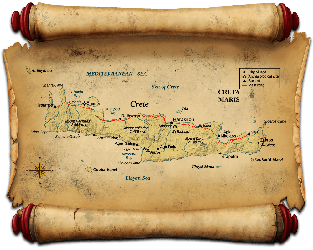 Illustrated map showing historical landmarks across Crete